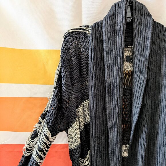 Allsaints Siouxsie Cardigan Black Tan Distressed Knit Grunge Long Duster Fray 4 - Picture 9 of 16